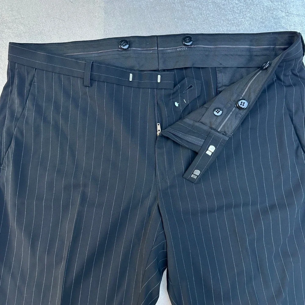 Gucci Men's Pinstripe Double Breasted Suit Black Wool Blend Jacket Pants 52R